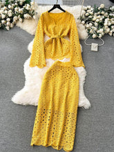 Two Piece Set Embroidered Flared Sleeves Top High Waist Skirt MAX SIZE / Yellow